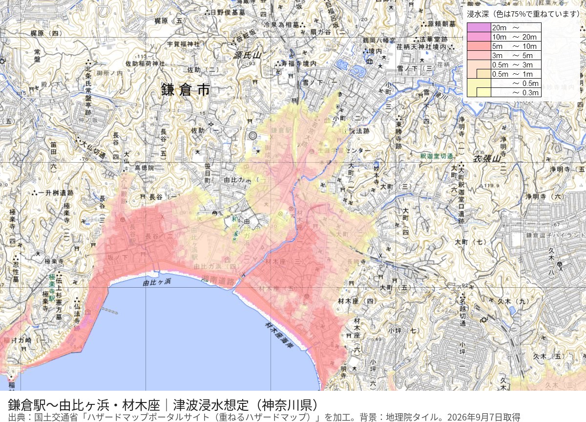 鎌倉駅から由比ヶ浜・材木座の海までの津波浸水想定の地図。海岸から滑川沿いに駅まで浸水深の色がつながっている