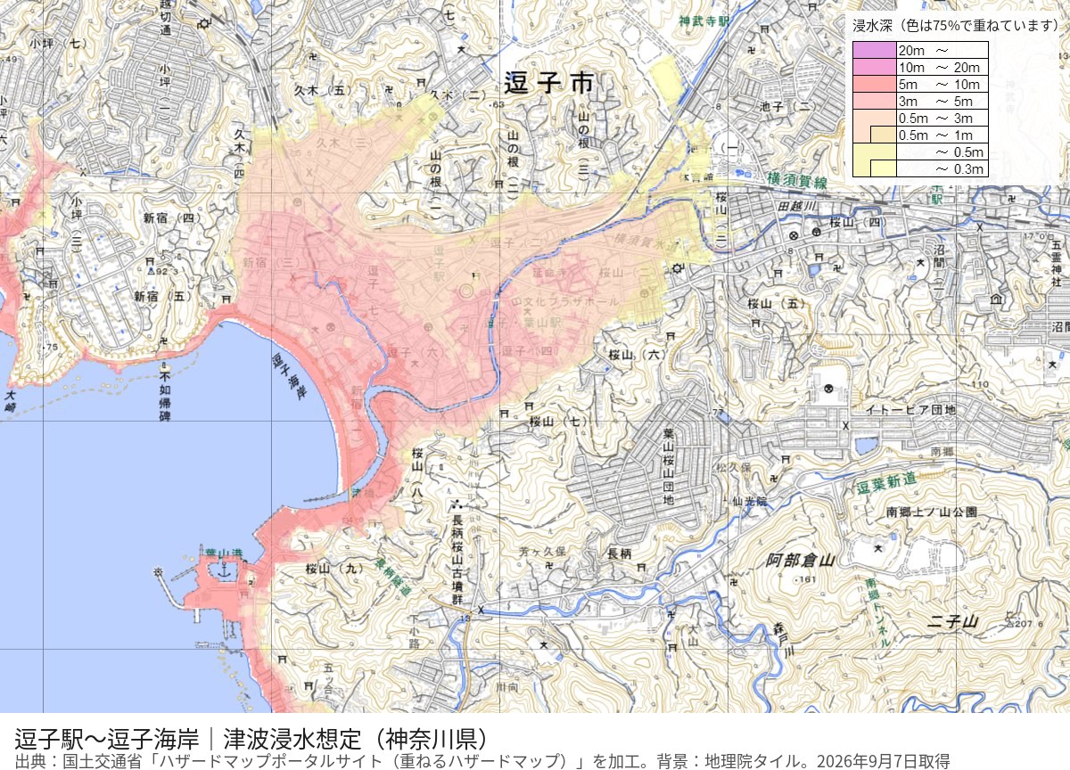 逗子駅から逗子海岸までの津波浸水想定の地図。駅を含む川沿いの市街地に浸水深の色がある